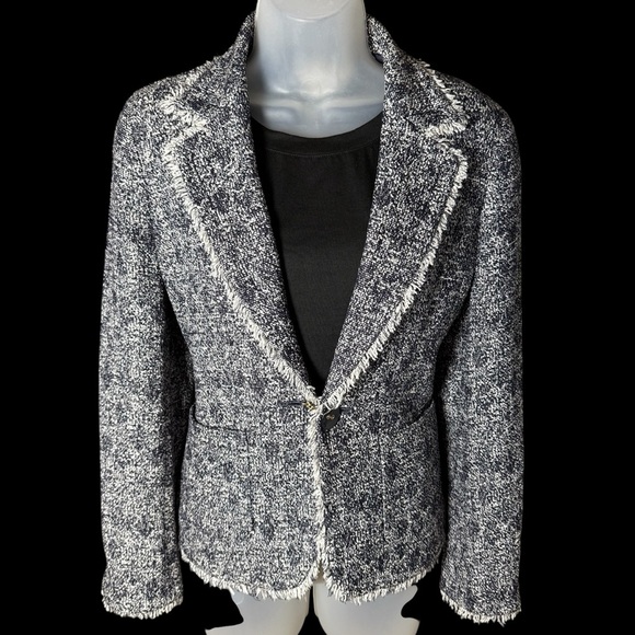 Talbots Blazer Navy White Tweed Fringe Preppy Career Size 6 - Picture 2 of 6